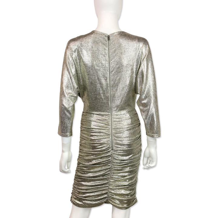 Alice + Olivia Metallic Gold Wrap Ruched Midi Dress