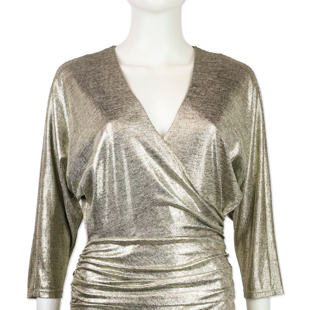 Alice + Olivia Metallic Gold Wrap Ruched Midi Dress