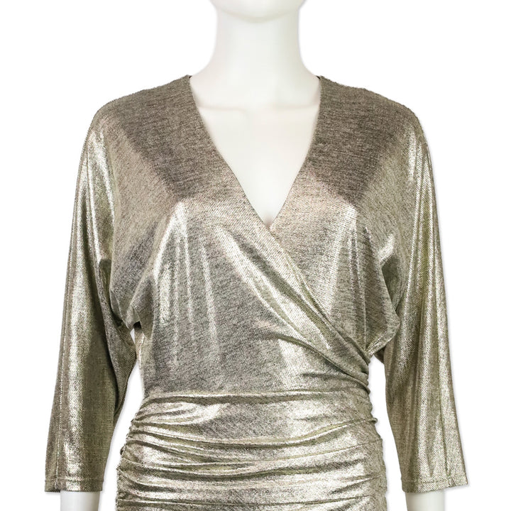 Alice + Olivia Metallic Gold Wrap Ruched Midi Dress