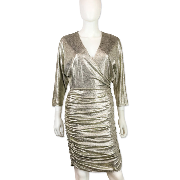 Alice + Olivia Metallic Gold Wrap Ruched Midi Dress