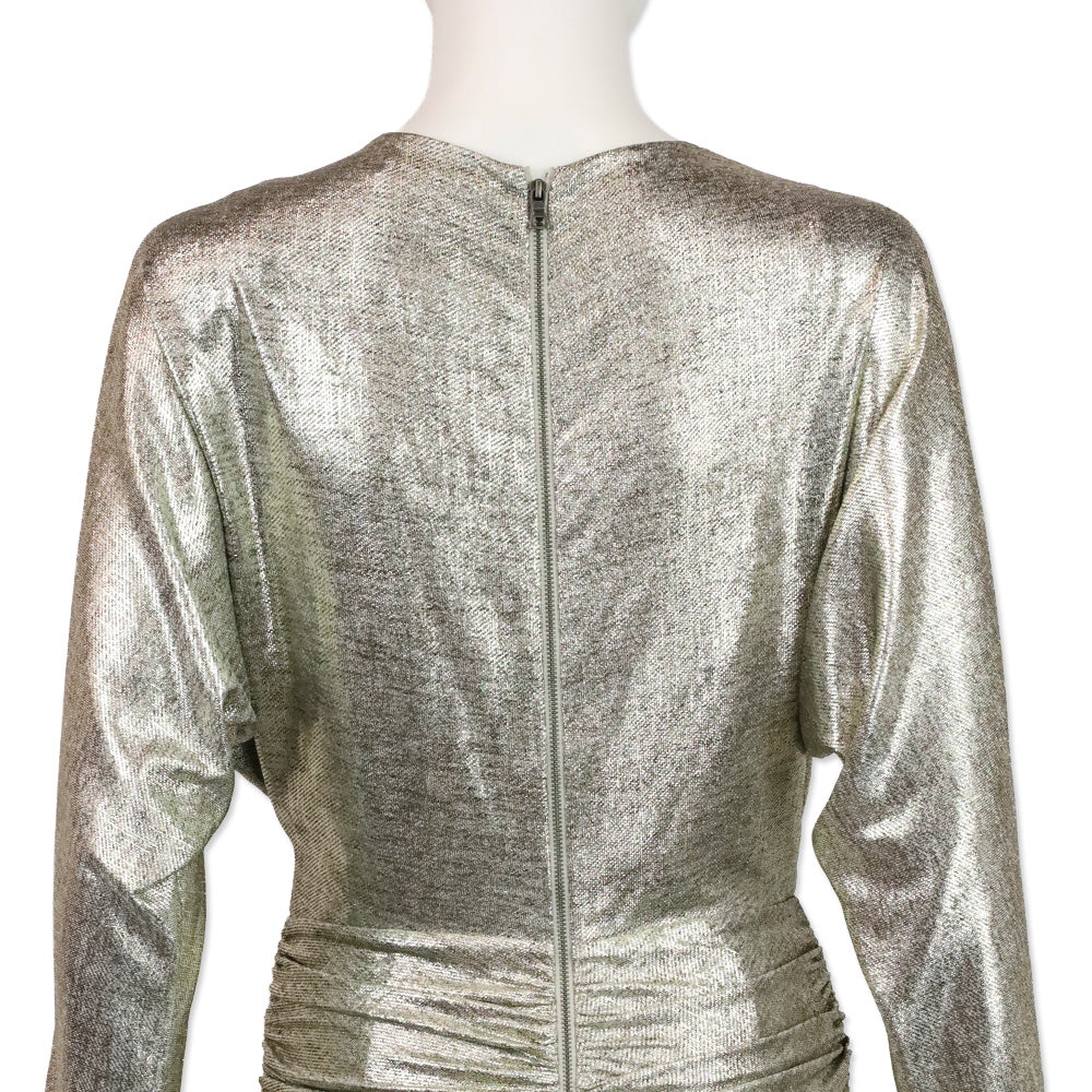Alice + Olivia Metallic Gold Wrap Ruched Midi Dress