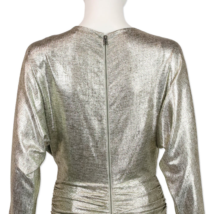 Alice + Olivia Metallic Gold Wrap Ruched Midi Dress