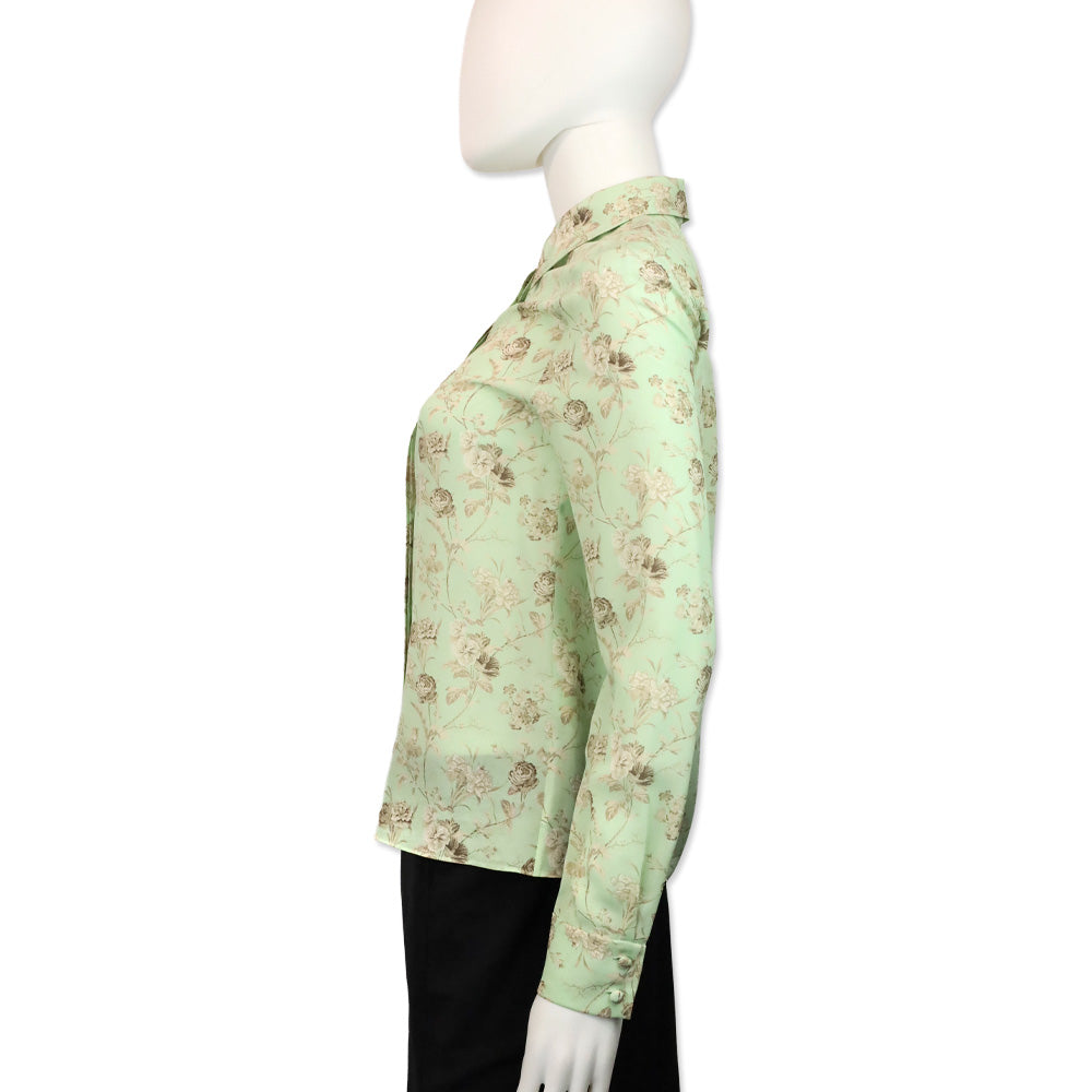 Alice & Olivia Willa Peak Floral Green Tea Silk Button-Front Top