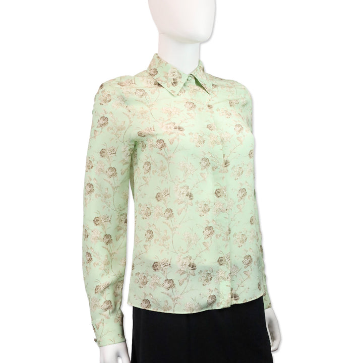 Alice & Olivia Willa Peak Floral Green Tea Silk Button-Front Top