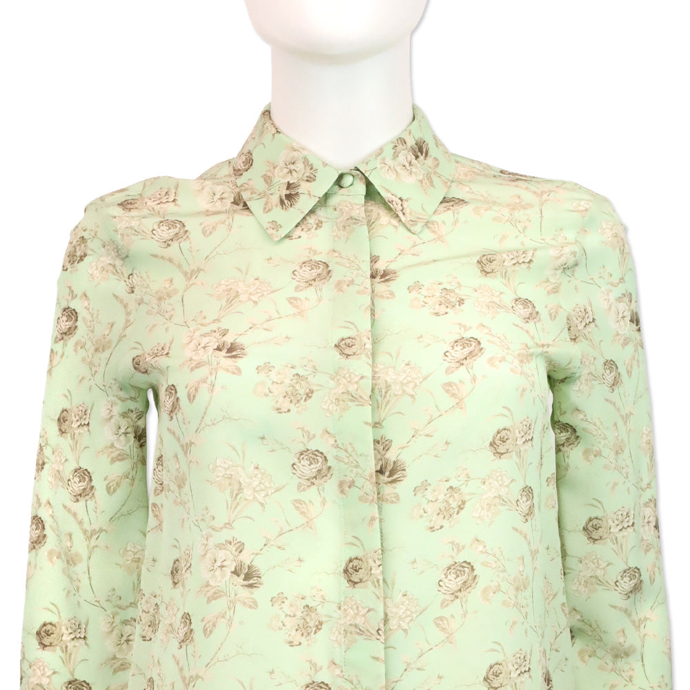Alice & Olivia Willa Peak Floral Green Tea Silk Button-Front Top