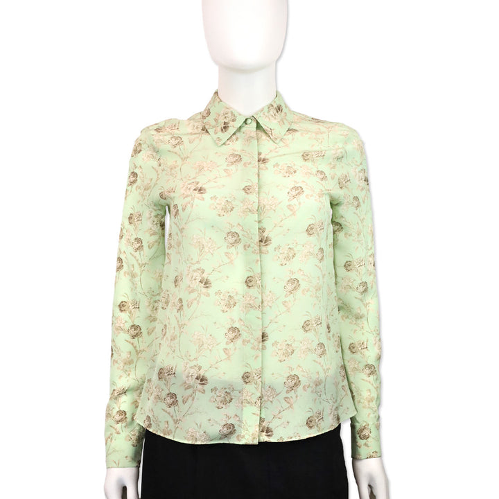 Alice & Olivia Willa Peak Floral Green Tea Silk Button-Front Top