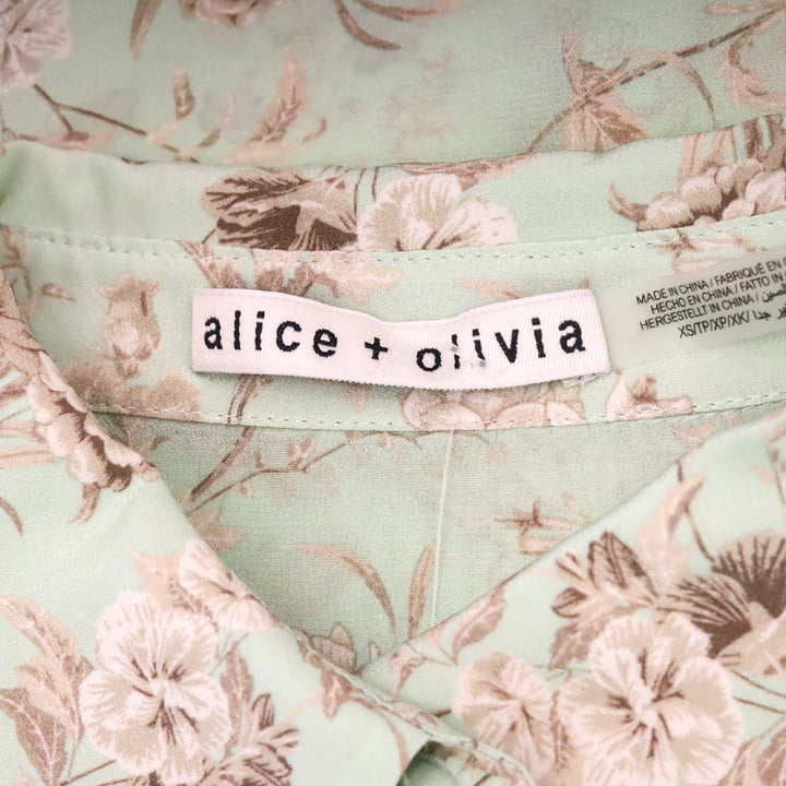 Alice & Olivia Willa Peak Floral Green Tea Silk Button-Front Top