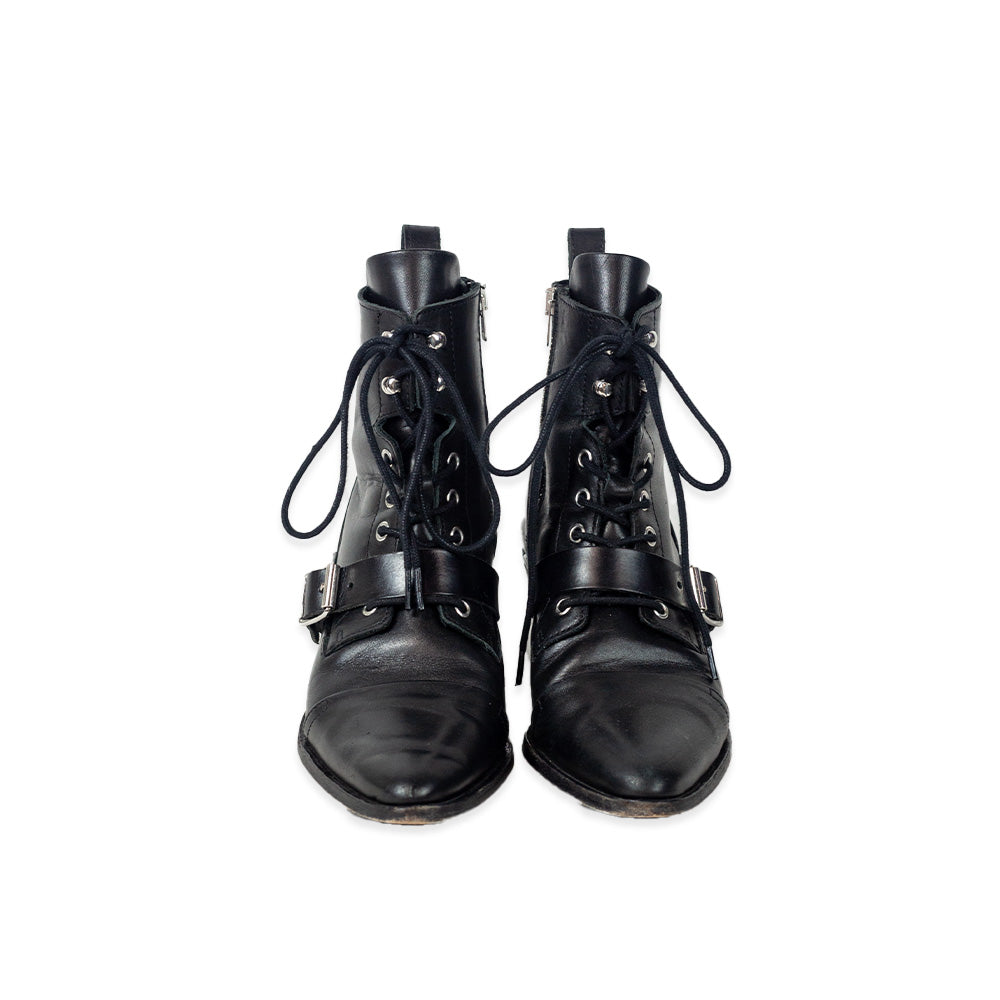 AllSaints Katy Black Leather Lace-Up Booties with Buckle