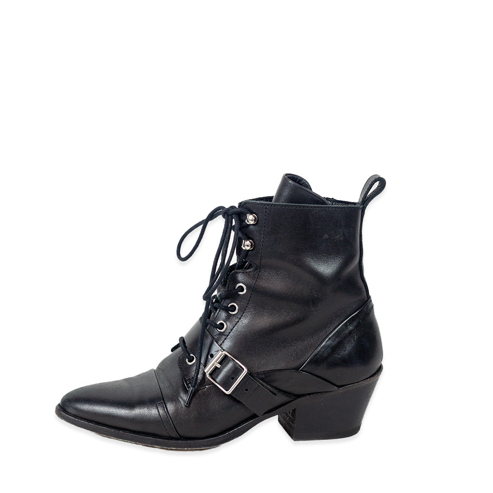 AllSaints Katy Black Leather Lace-Up Booties with Buckle