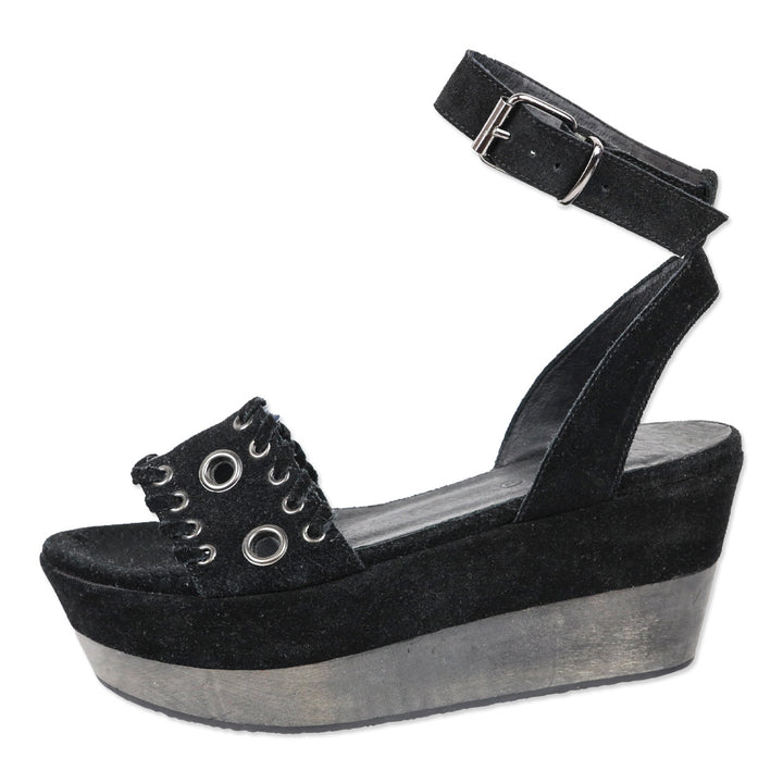 All Saints Yuki Black Suede Wooden Platform Ankle Strap Sandals