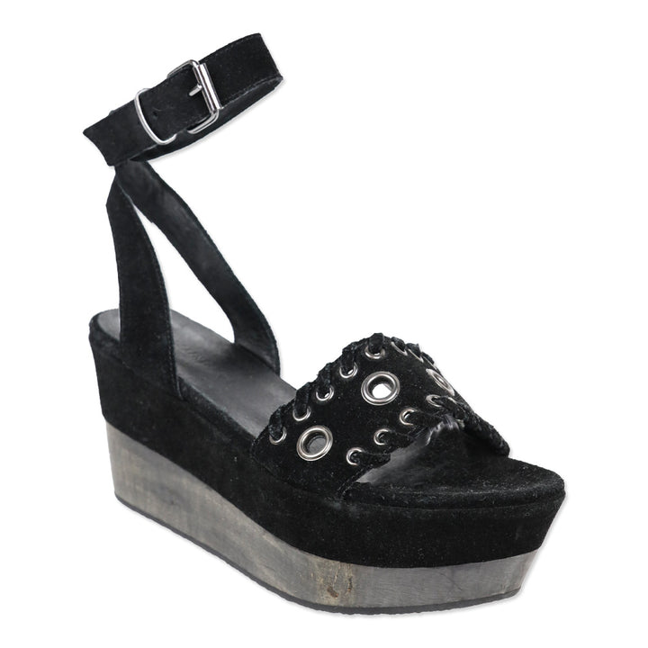 All Saints Yuki Black Suede Wooden Platform Ankle Strap Sandals