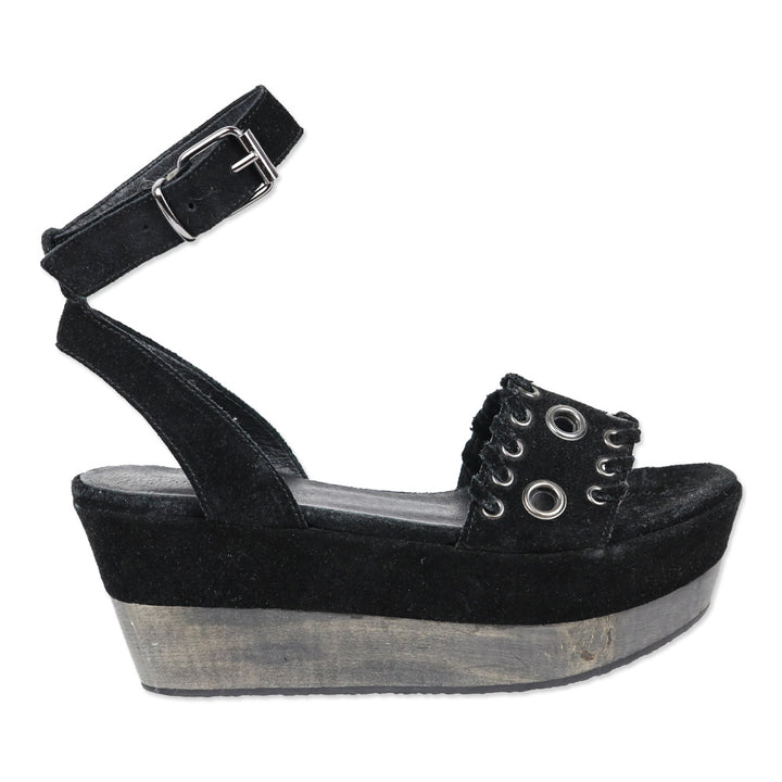 All Saints Yuki Black Suede Wooden Platform Ankle Strap Sandals