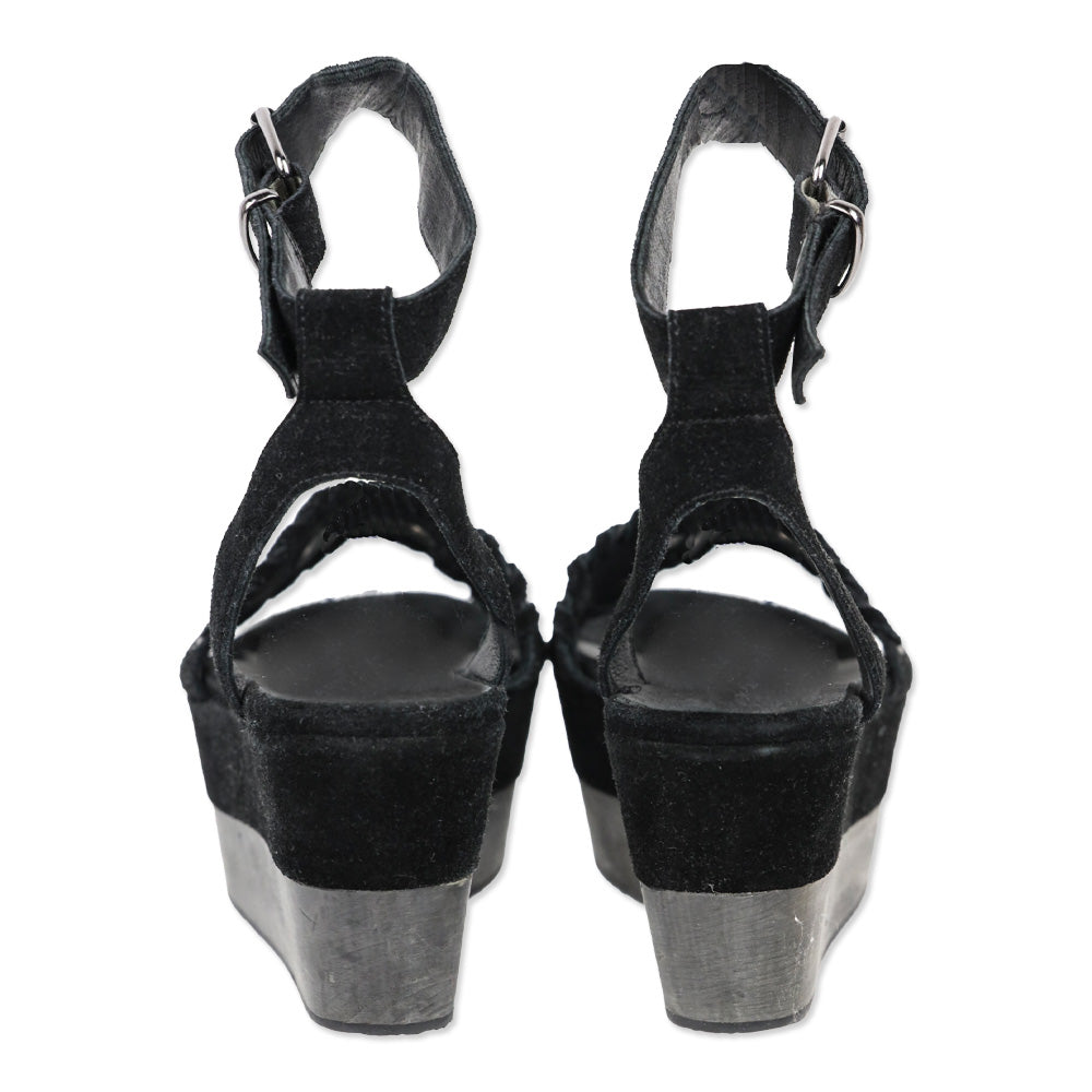 All Saints Yuki Black Suede Wooden Platform Ankle Strap Sandals