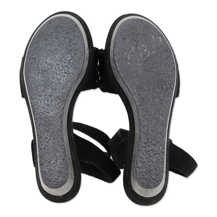 All Saints Yuki Black Suede Wooden Platform Ankle Strap Sandals