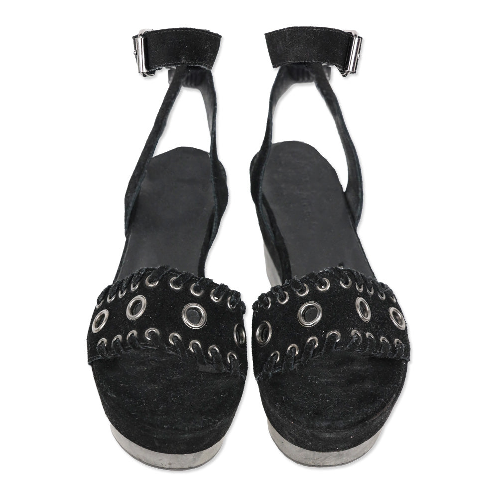 All Saints Yuki Black Suede Wooden Platform Ankle Strap Sandals