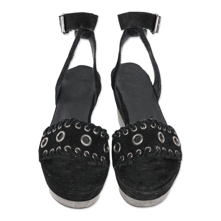 All Saints Yuki Black Suede Wooden Platform Ankle Strap Sandals