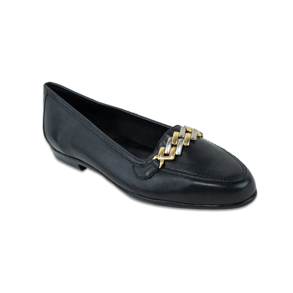 Amalfi by Rangoni Oste Black Calf Leather Loafer with Two-Tone Chain