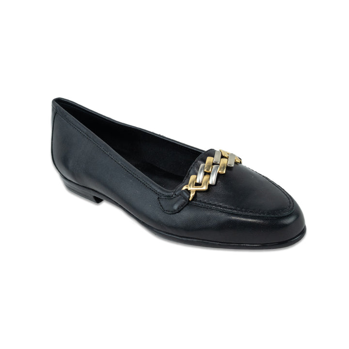 Amalfi by Rangoni Oste Black Calf Leather Loafer with Two-Tone Chain