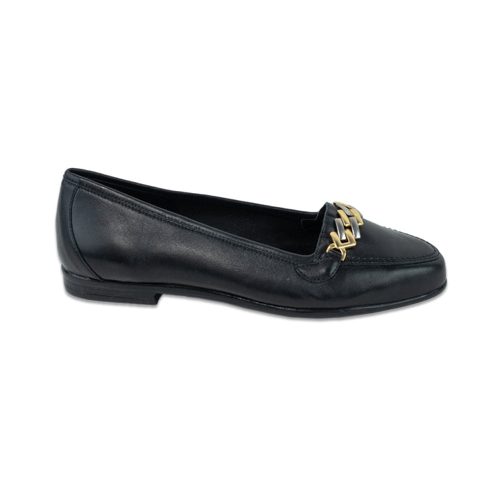 Amalfi by Rangoni Oste Black Calf Leather Loafer with Two-Tone Chain