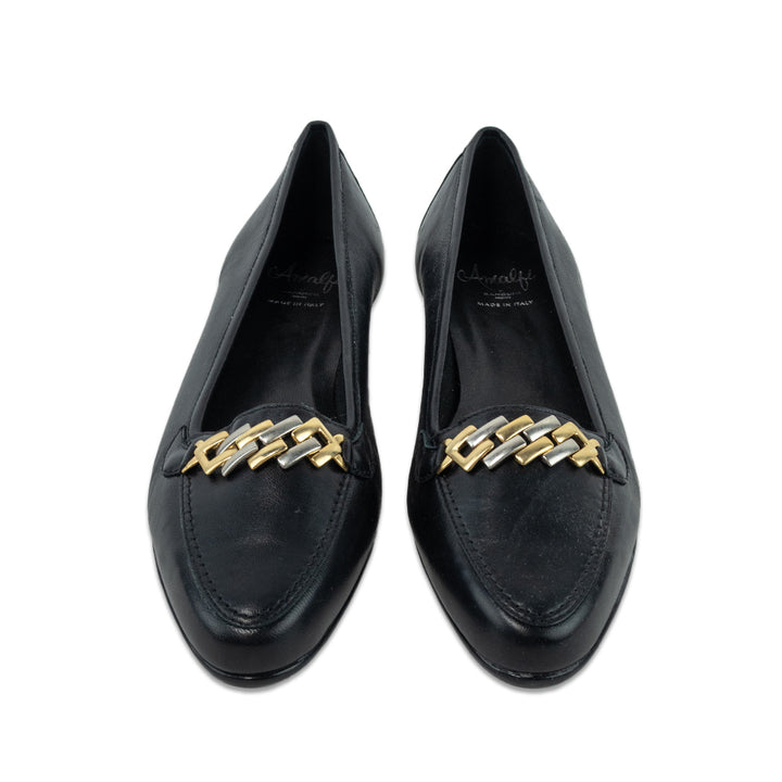 Amalfi by Rangoni Oste Black Calf Leather Loafer with Two-Tone Chain