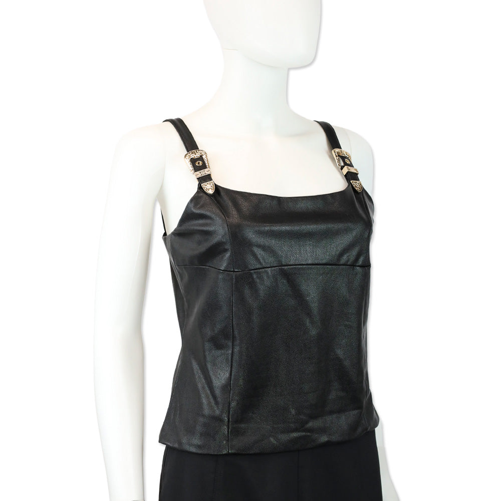 Amanda Uprichard Black Faux Leather Sleeveless Western Buckle Strap Top