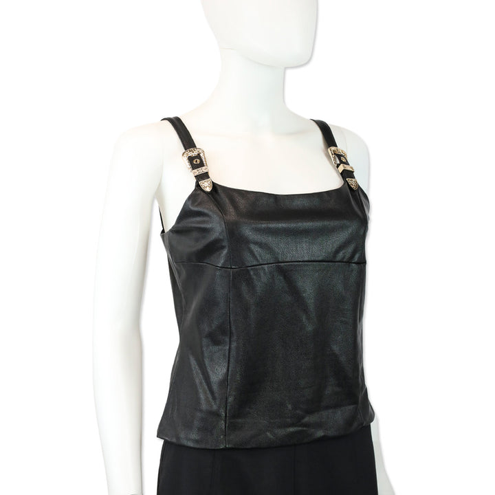 Amanda Uprichard Black Faux Leather Sleeveless Western Buckle Strap Top