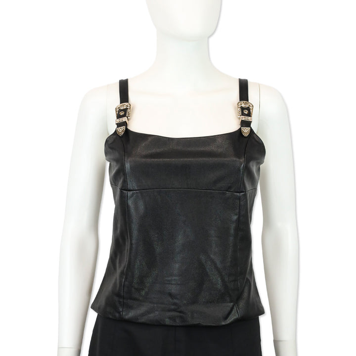 Amanda Uprichard Black Faux Leather Sleeveless Western Buckle Strap Top