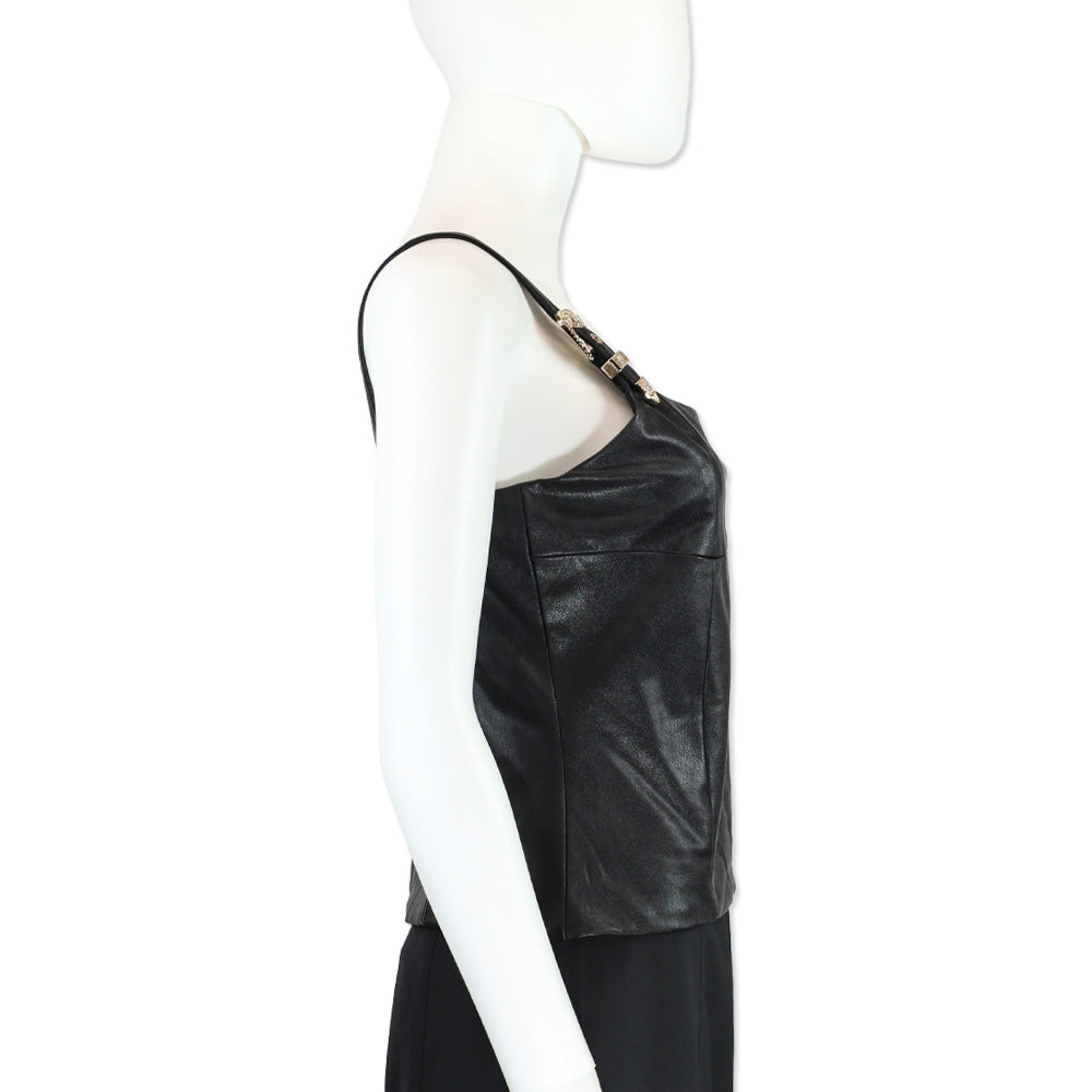 Amanda Uprichard Black Faux Leather Sleeveless Western Buckle Strap Top