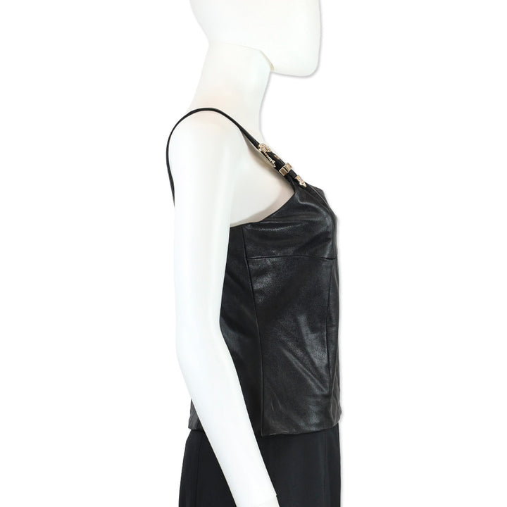 Amanda Uprichard Black Faux Leather Sleeveless Western Buckle Strap Top
