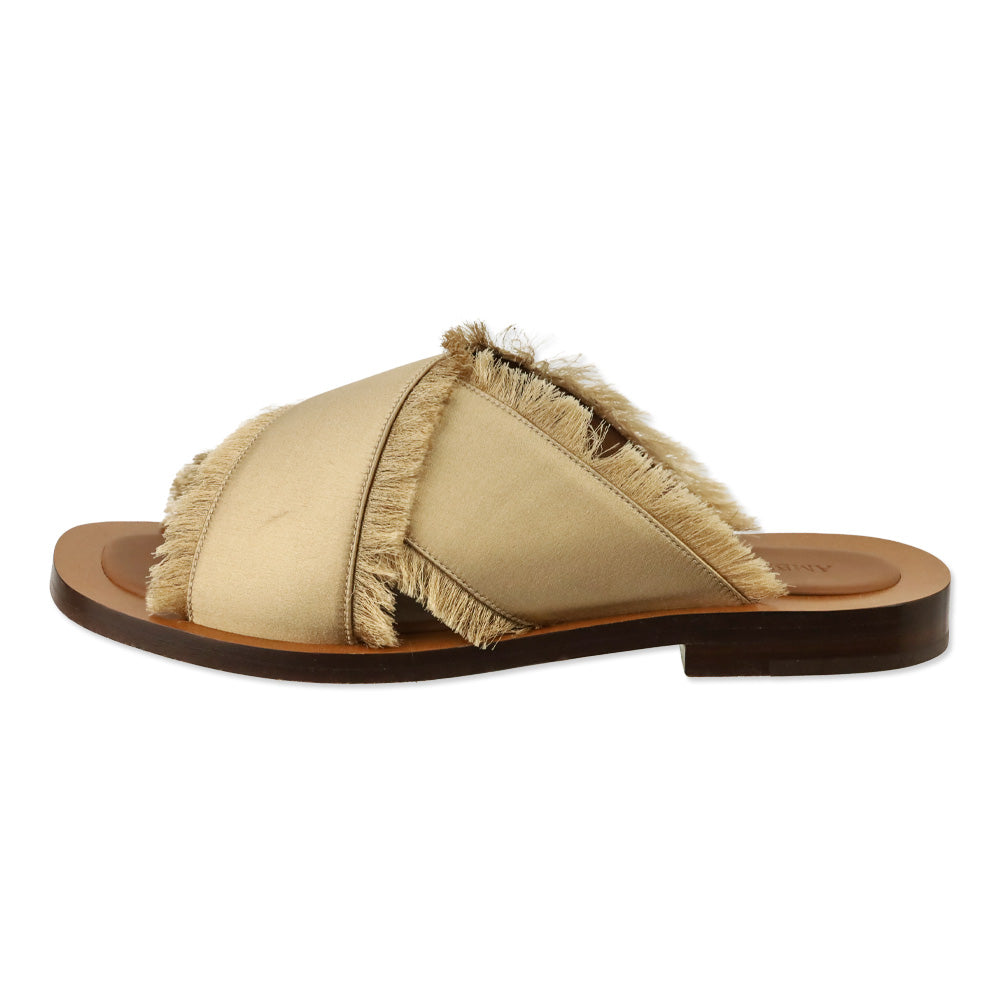 Ambleme Madrague Champagne Silk Satin Frayed Crisscross Slide Sandals