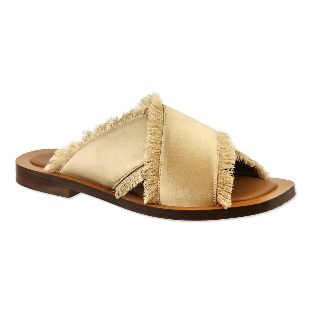 Ambleme Madrague Champagne Silk Satin Frayed Crisscross Slide Sandals