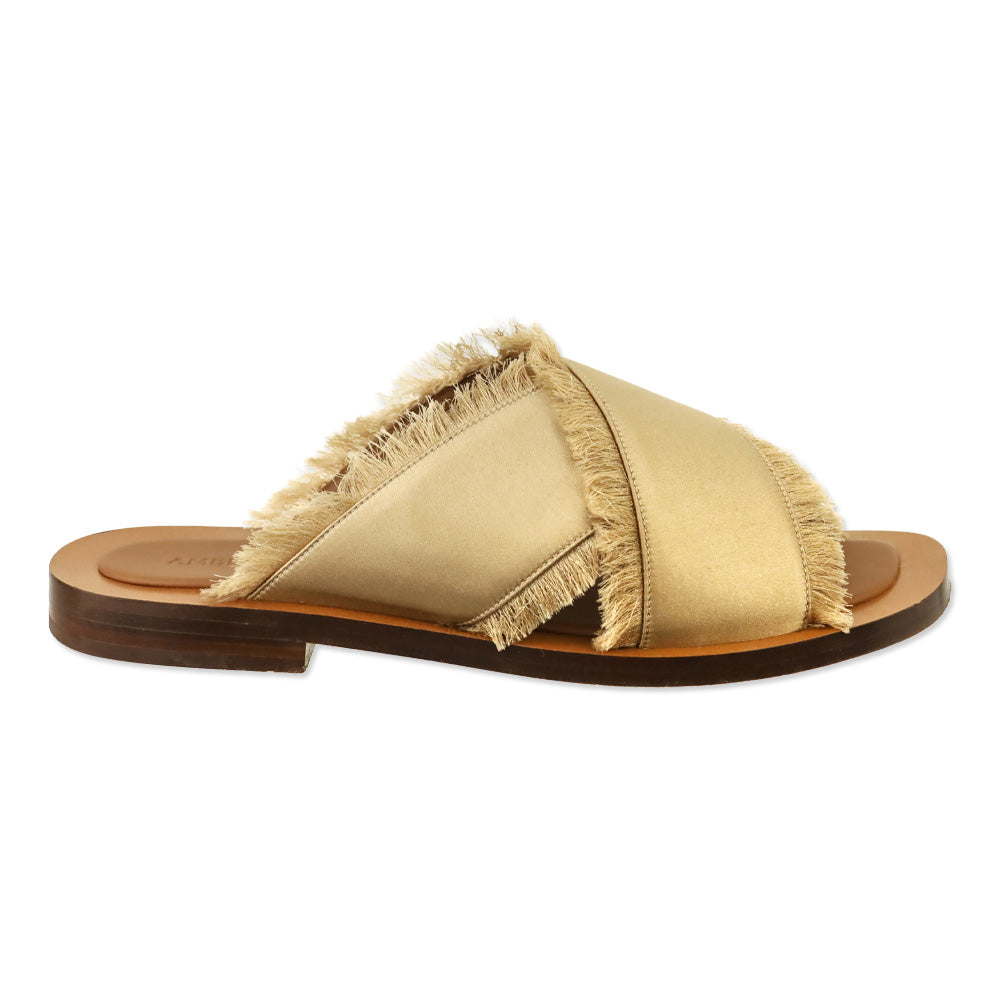 Ambleme Madrague Champagne Silk Satin Frayed Crisscross Slide Sandals