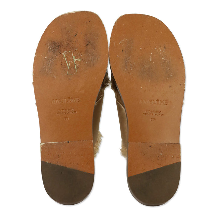 Ambleme Madrague Champagne Silk Satin Frayed Crisscross Slide Sandals