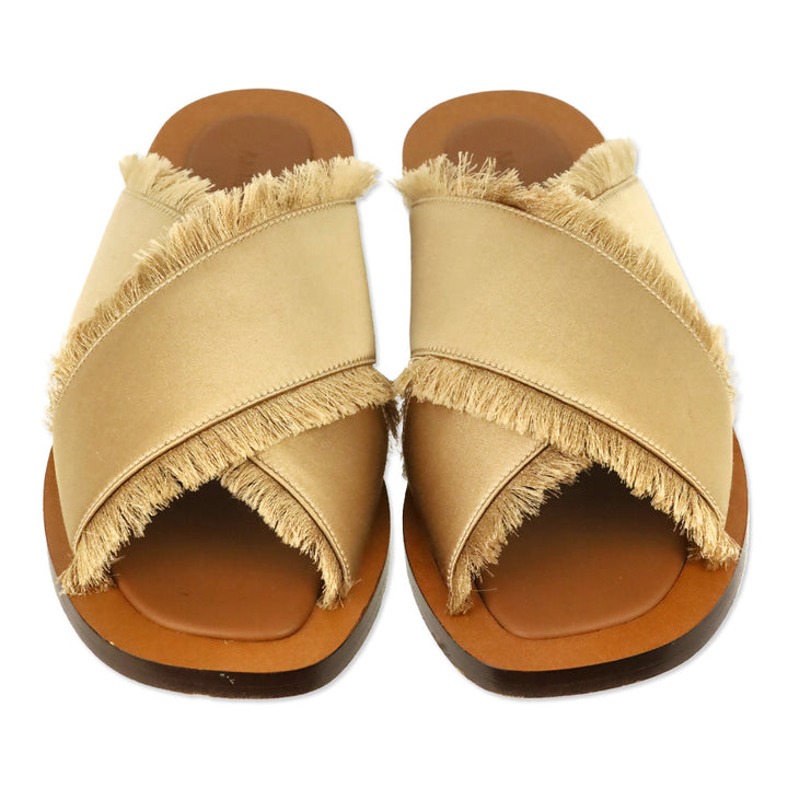 Ambleme Madrague Champagne Silk Satin Frayed Crisscross Slide Sandals