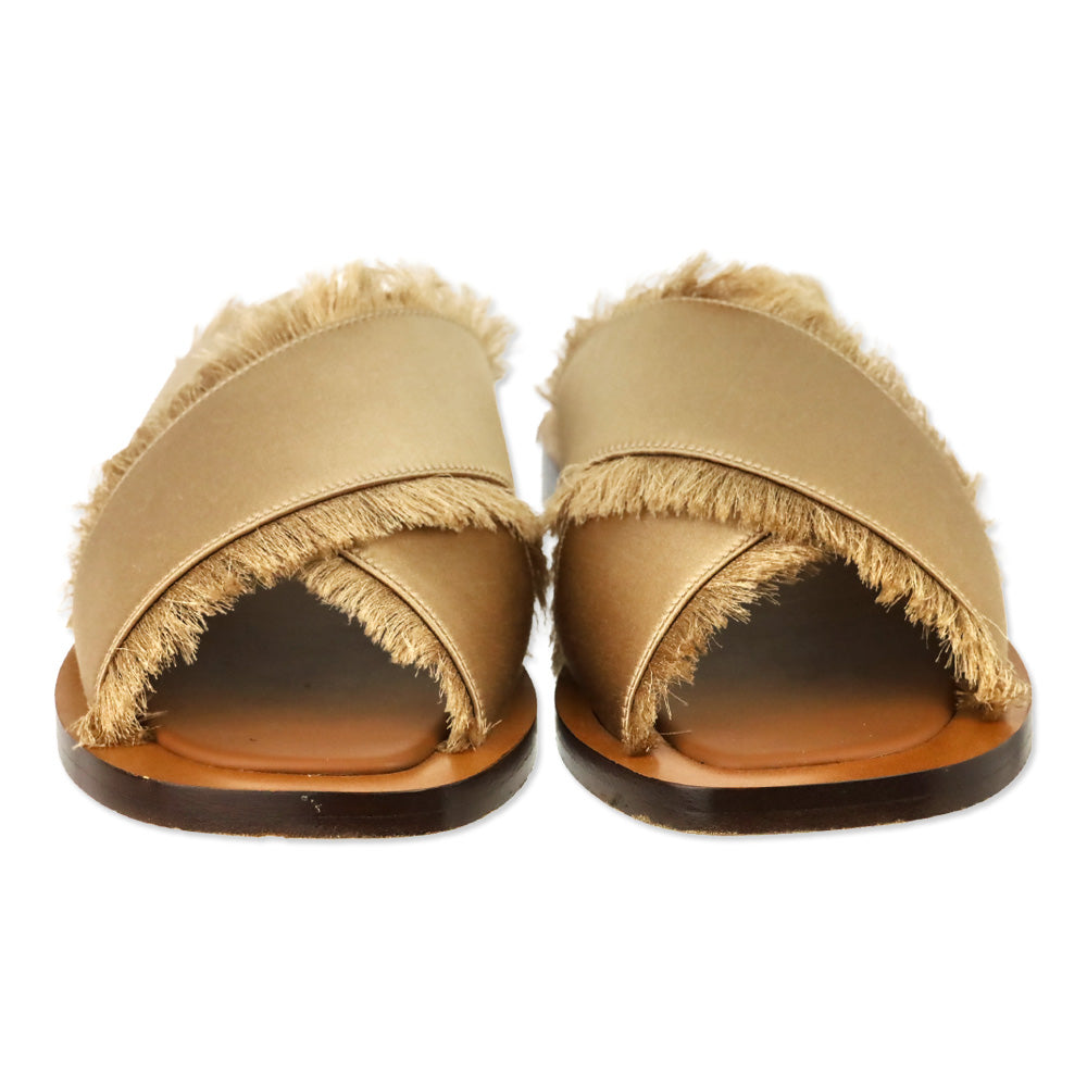Ambleme Madrague Champagne Silk Satin Frayed Crisscross Slide Sandals
