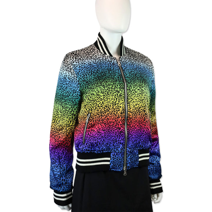 Amiri Rainbow Leopard Print Silk Bomber Jacket