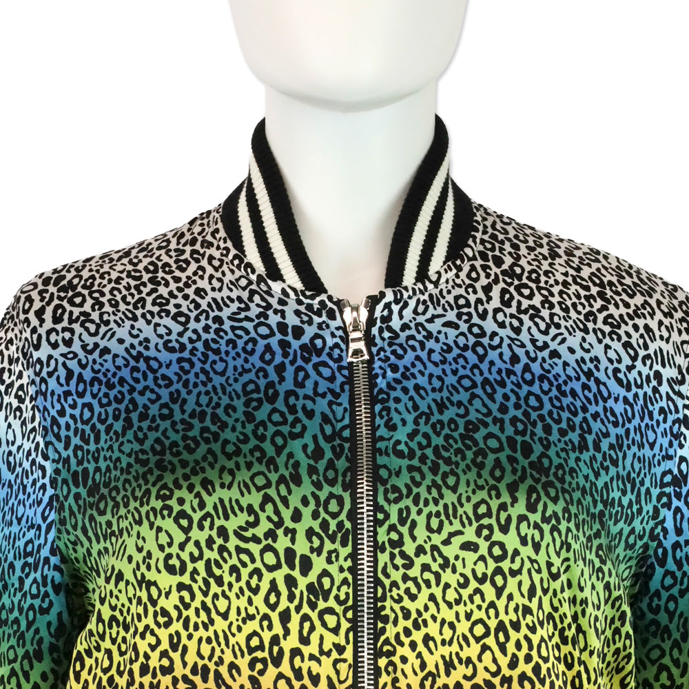 Amiri Rainbow Leopard Print Silk Bomber Jacket