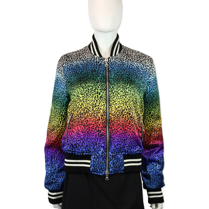 Amiri Rainbow Leopard Print Silk Bomber Jacket
