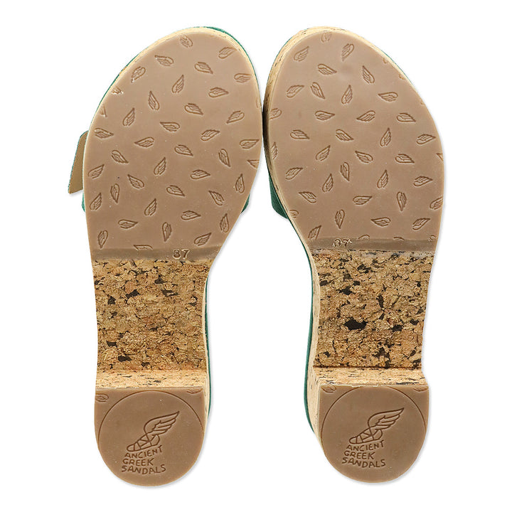 Ancient Greek Sandals Green Suede Aglaia Cork Slide Sandal