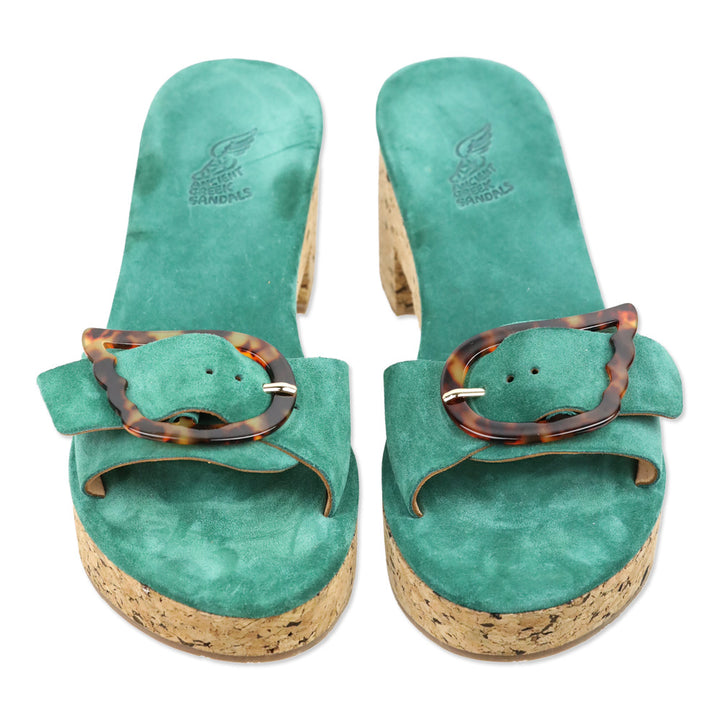 Ancient Greek Sandals Green Suede Aglaia Cork Slide Sandal