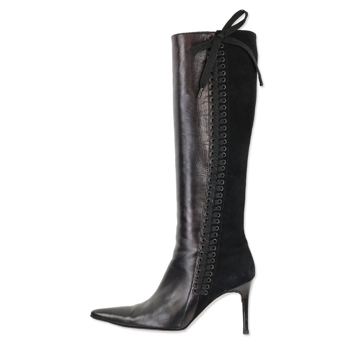 Andrea Pfister Black Leather/Suede Lace-Up Side Zip Knee High Boots