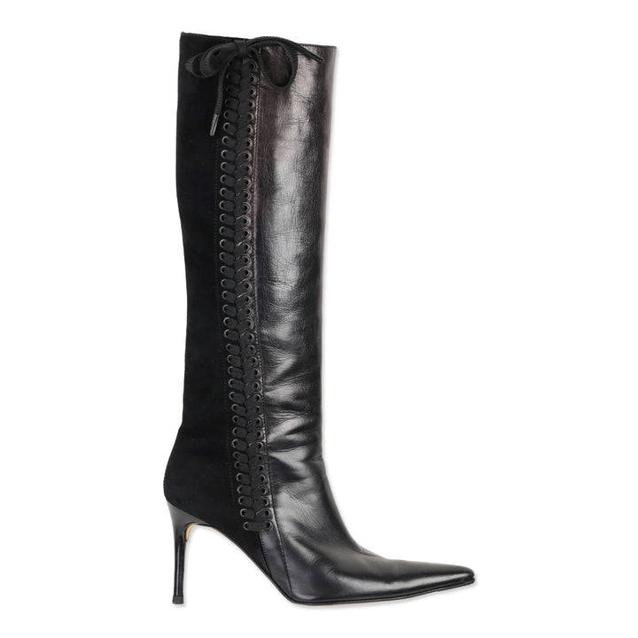 Andrea Pfister Black Leather/Suede Lace-Up Side Zip Knee High Boots