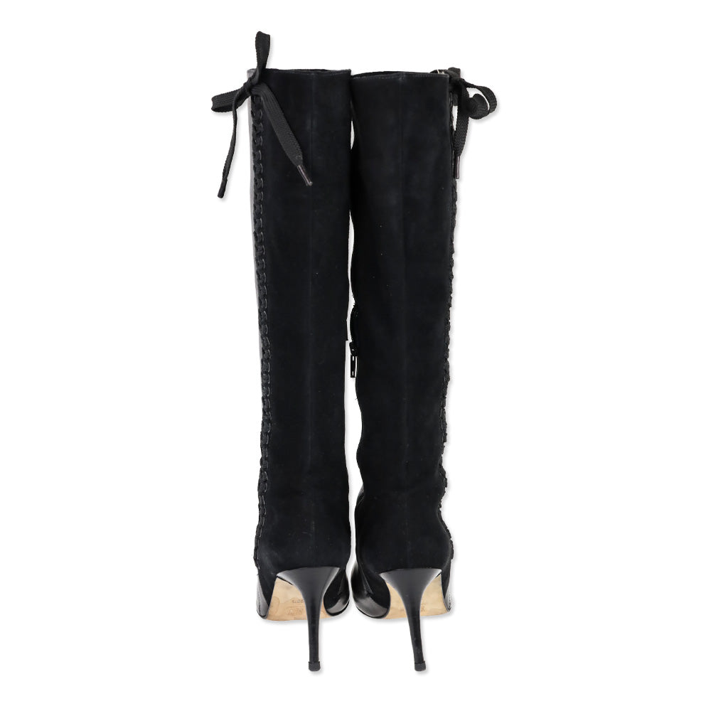 Andrea Pfister Black Leather/Suede Lace-Up Side Zip Knee High Boots