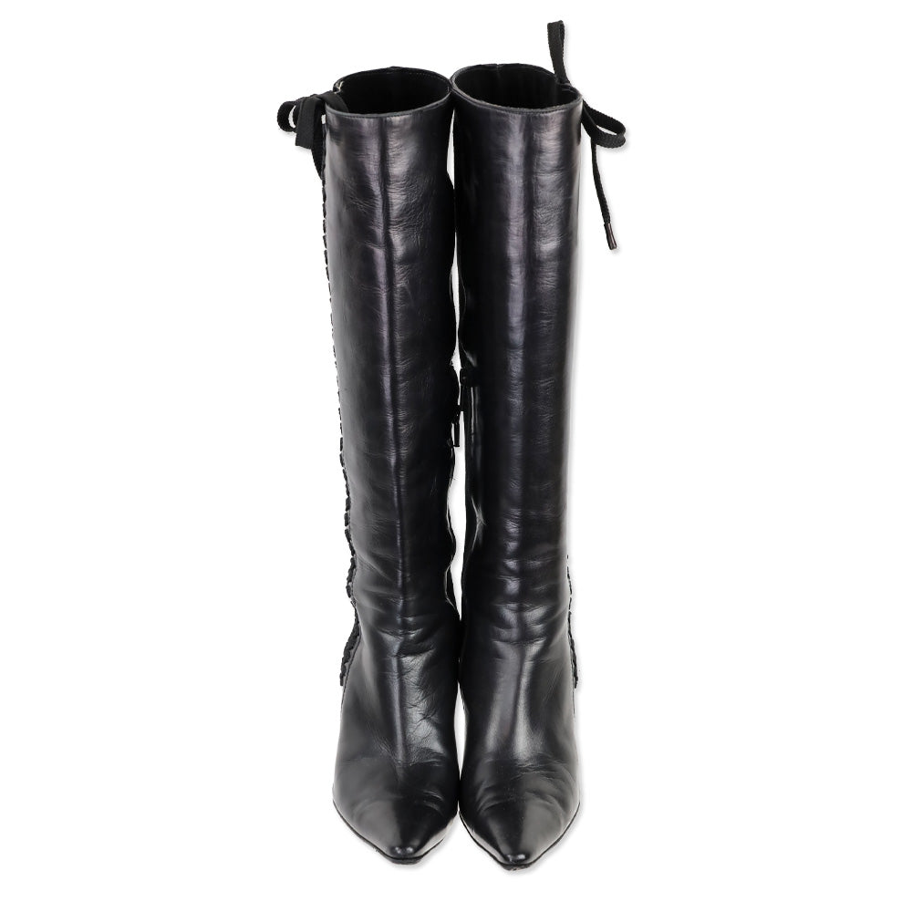 Andrea Pfister Black Leather/Suede Lace-Up Side Zip Knee High Boots