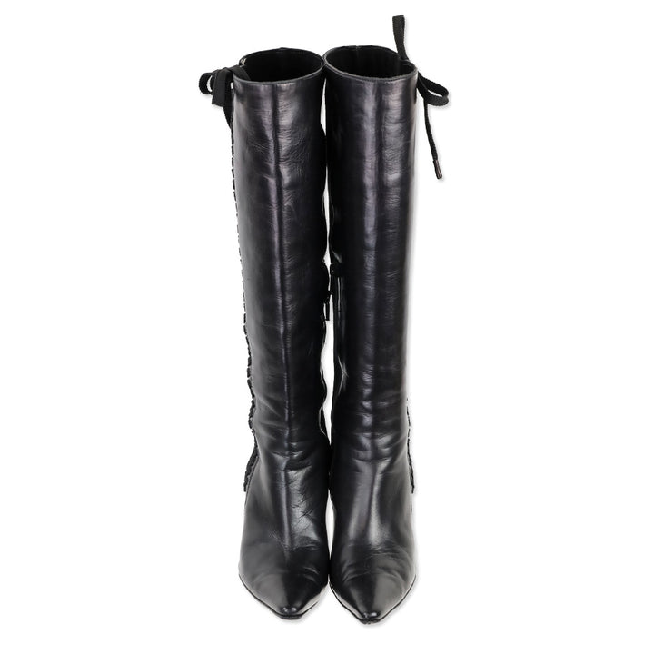 Andrea Pfister Black Leather/Suede Lace-Up Side Zip Knee High Boots