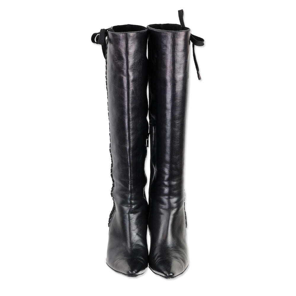 Andrea Pfister Black Leather/Suede Lace-Up Side Zip Knee High Boots