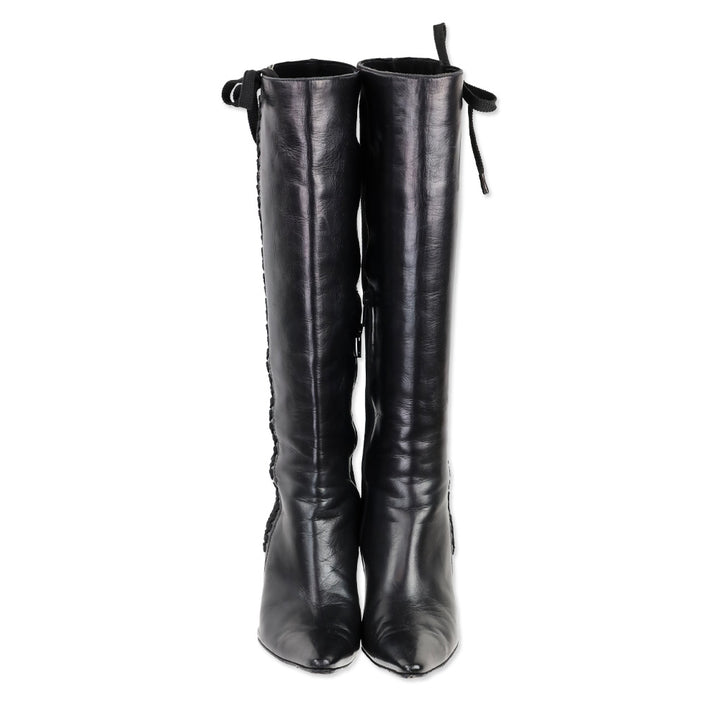 Andrea Pfister Black Leather/Suede Lace-Up Side Zip Knee High Boots