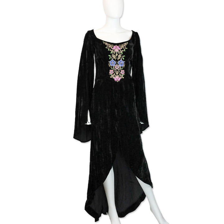 Anna Sui Black Velvet Bead Sequin Embroidered Flare Sleeve High-Low Maxi Dress