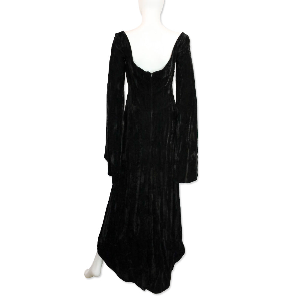 Anna Sui Black Velvet Bead Sequin Embroidered Flare Sleeve High-Low Maxi Dress