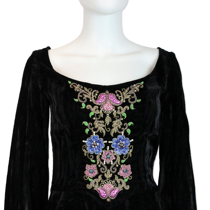 Anna Sui Black Velvet Bead Sequin Embroidered Flare Sleeve High-Low Maxi Dress